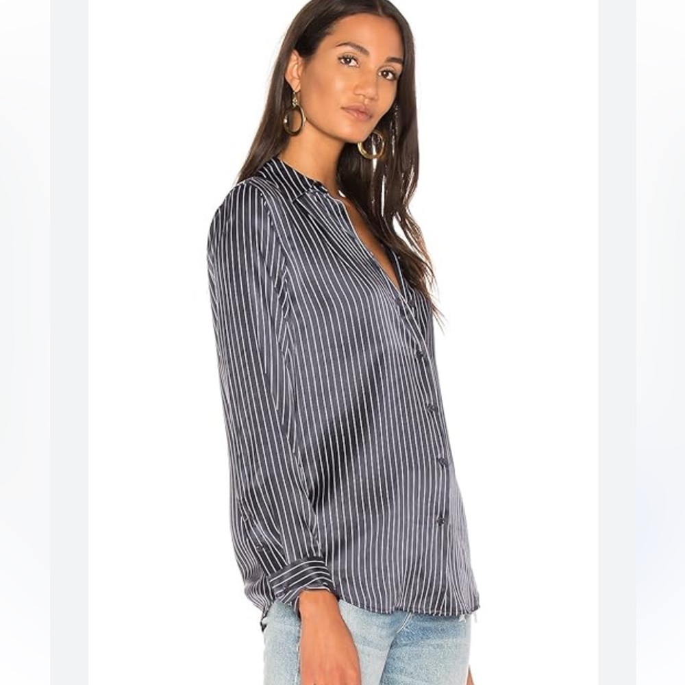 Equipment Satin Silk Button Down Blouse Navy Striped Small